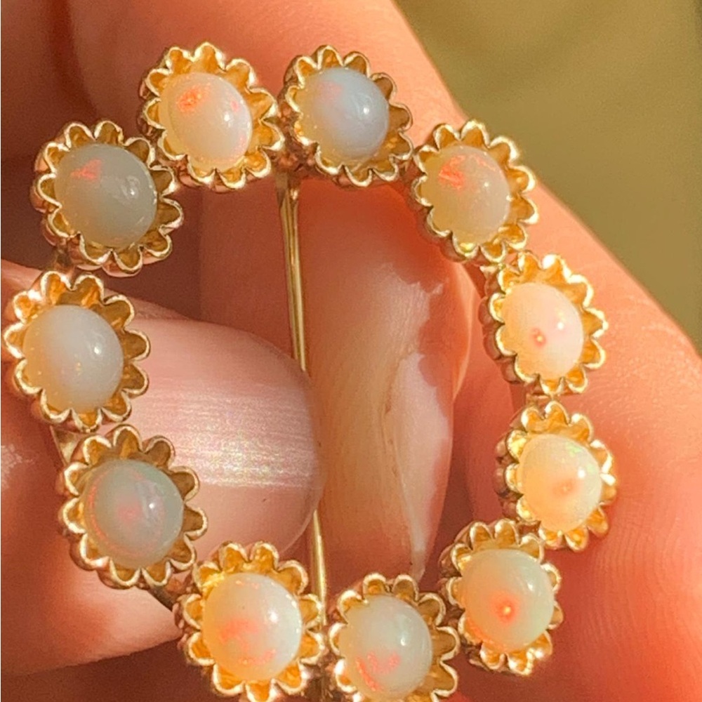 14k Gold Circular Brooch with Opal Stones